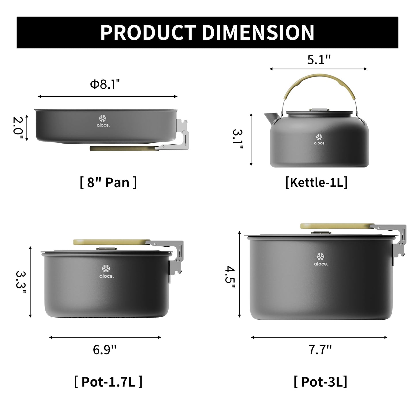 Alocs Portable Camping Cookware - Upgraded Handle, Non-Stick Camping Pan Set for Outdoor Kitchen, Picnic, Hiking and Fishing