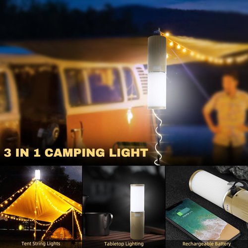 Camping Lantern with 49.2FT String, 2 in 1 Outdoor Warm White String Lights with 4 Modes & 5 Modes Rechargeable Camping Lamp IPX4 Waterproof Portable LED Tent Light for Outdoor Yard Garden Decoration
