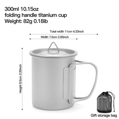 MAXCOOK Titanium Camping Mug 300ml/10.1oz Lightweight Titanium Pot with Lid Foldable Handle Tea Cup Coffee for Outdoor Backpacking Hiking Traveling Picnic
