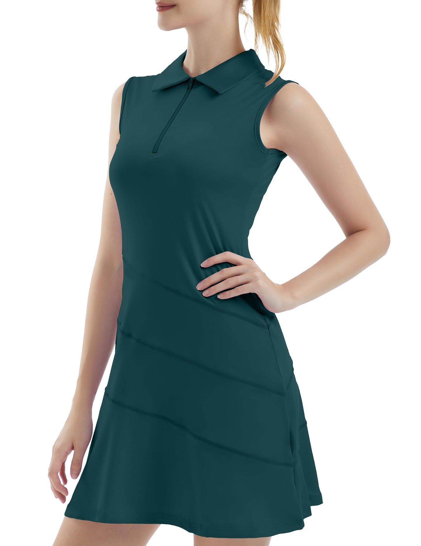 FKEEP Women's Tennis Golf Dresses Zipper V-Neck Sport Activewear with Shorts and Pocket Workout Athletic (Aqua Green, S)