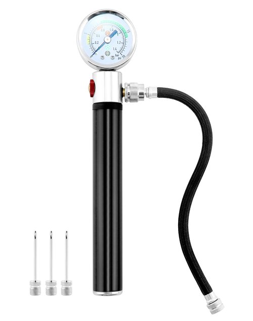 QWORK Sports Ball Air Pump with Pressure Gauge, Basketball Pump Volleyball Pump Soccer Ball Powerful Air Pump, Bicycle Tire Pump, Sports Hand Pump, Balloon Pump,Flexible Hose (Black)