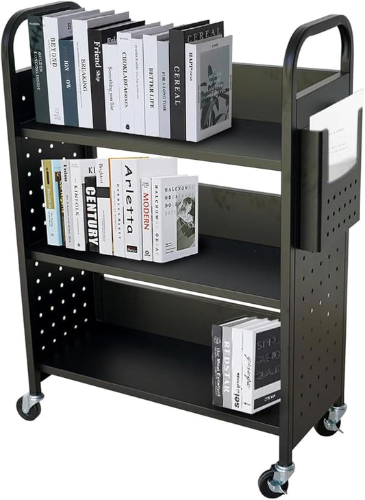 Rolling Book Cart, 300LBS Library Cart 30'' x 13'' x 46'' Rolling Bookshelf, 3 Tier Book Truck Single Sided V-Shaped Sloped Shelves with Lockable Wheels for Home Book Shelves,Offices Bookshelf Cart
