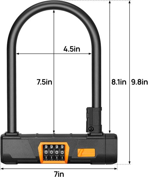 KEMIMOTO Bike U-Lock with Cable-2, Bicycle U Combination Lock Heavy Duty Anti-Theft Mounting Bracket 14.6-mm Shackle, 10mm x1.8m Cable & Padlock Holder for Bicycles E-Bikes Scooters