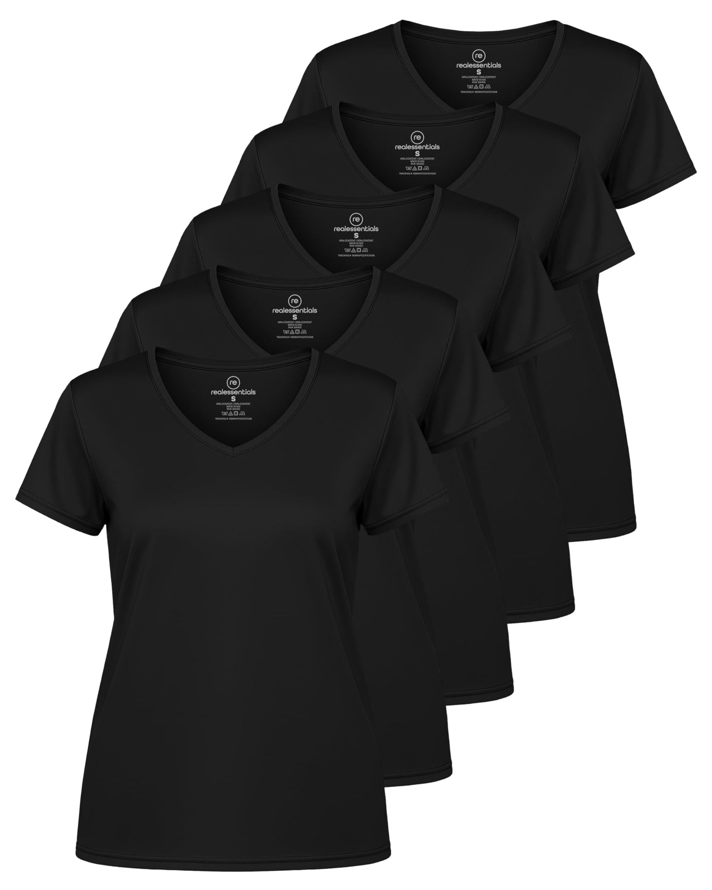 Real Essentials 5 Pack: Women's Dry-Fit Short Sleeve V Neck T Shirt Workout Fitness Yoga Top Tee, Set 5, XS