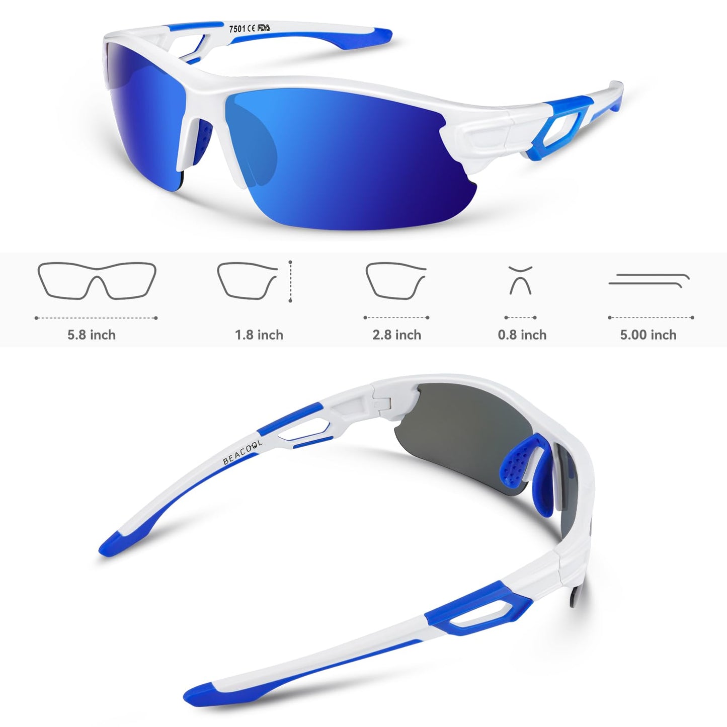 BEACOOL Polarized Sports Sunglasses for Men Women Youth Baseball Fishing Cycling Running Golf Motorcycle Tac Glasses UV400 (GlossyWhite Blue)