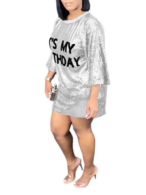 Womens O Neck Letter Print Sequins Loose Casual Party Clubwear T-Shirts Tops Dress Sliver S