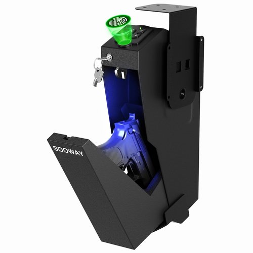 Gun Safe, Mounted Biometric Pistol Safe Drop Down Gun Lock Box for Handgun with 3 Ways Quick Access Bedside Pistol Case for Nightstand, Desk, Wall, Dresser