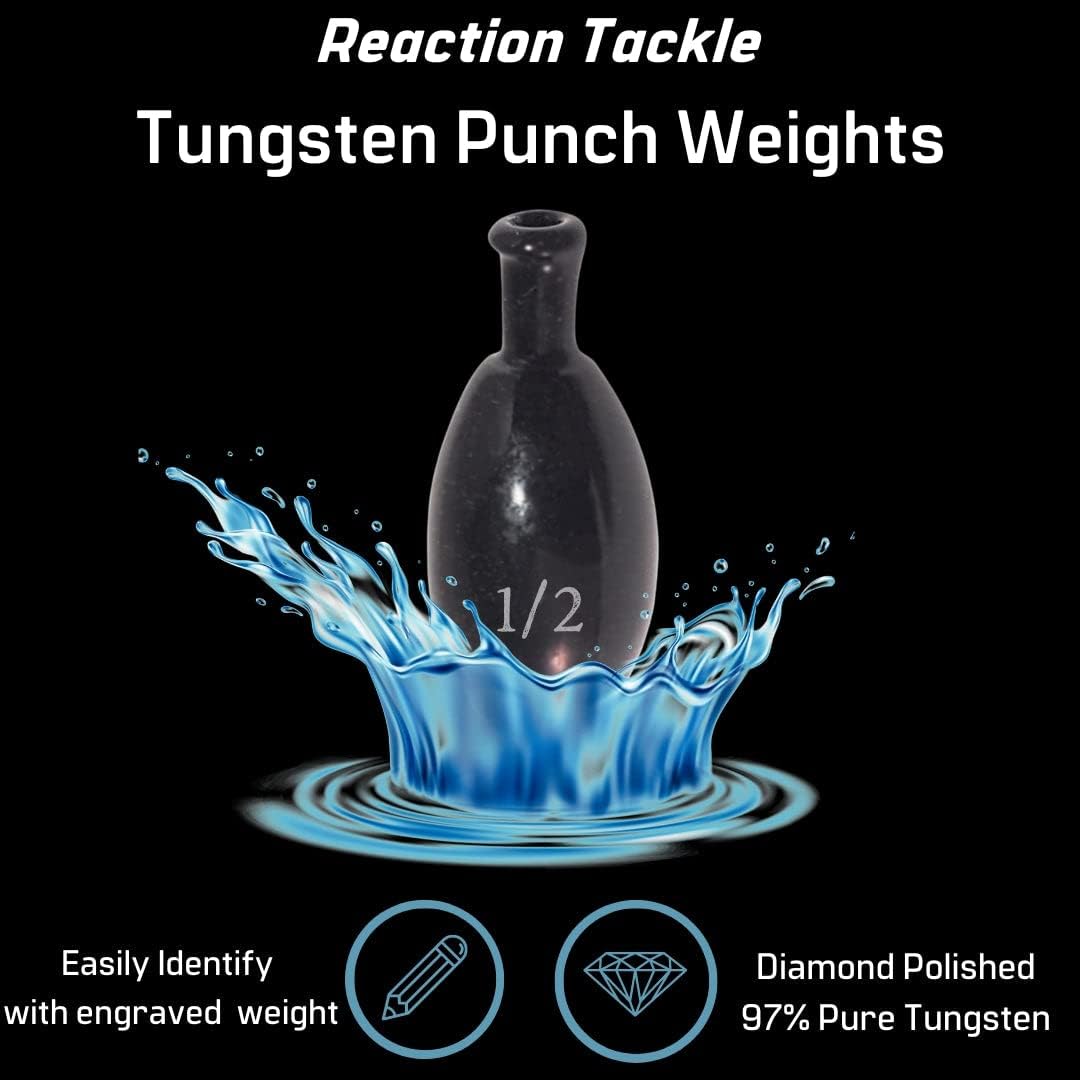 Reaction Tackle Tungsten Punch Weights/Tungsten Fishing Weights for Heavy Cover Penetration Designed for Punch Rig Used for Bass Fishing and Other Fish Size Stamped on All Weights
