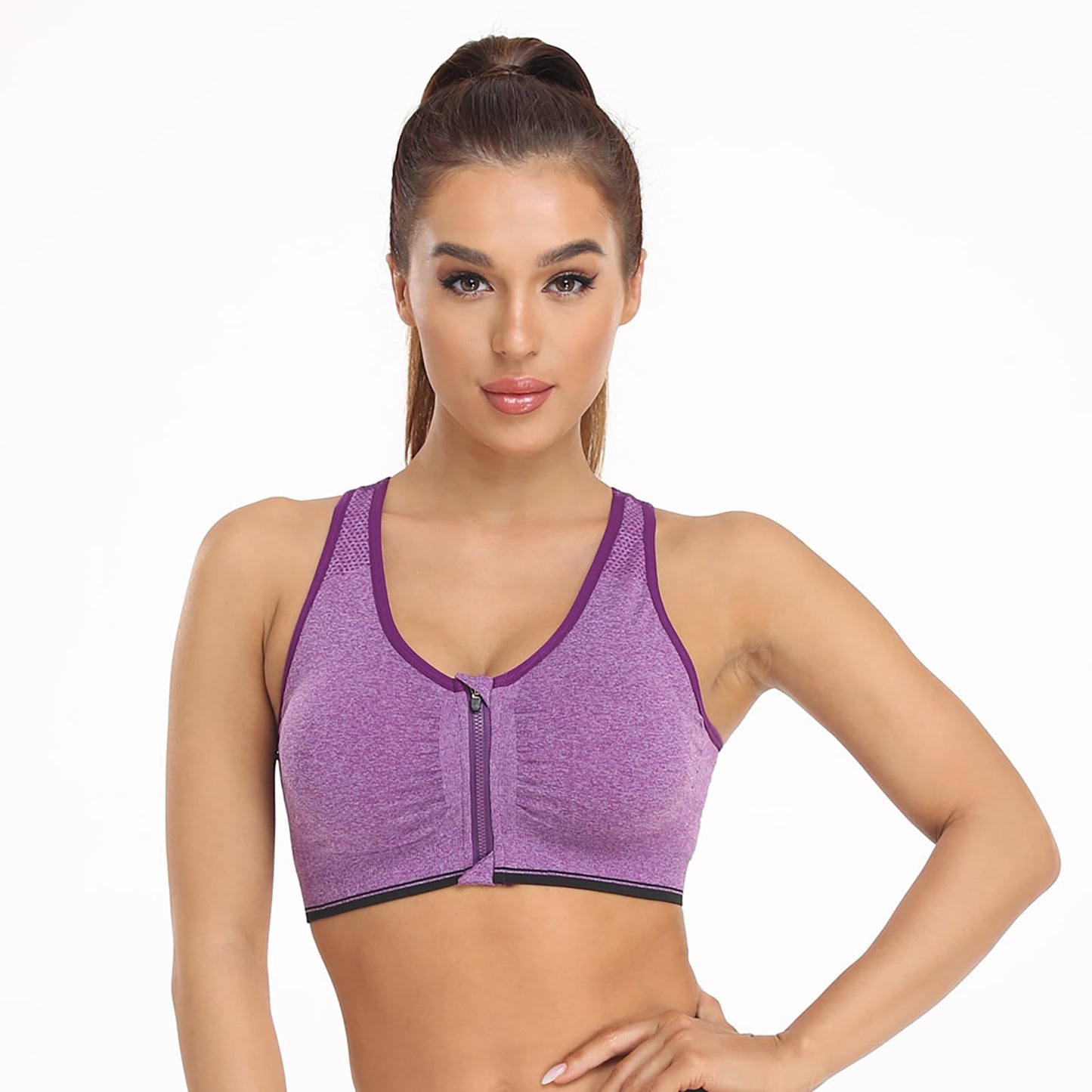 Women's Zip Front Sports Bra - Wireless, Padded, Open Front, Racerback - Comfortable Yoga & Workout Bras - Plus Size (XX-Large) 3 Pack (Black+Flesh+Purple)
