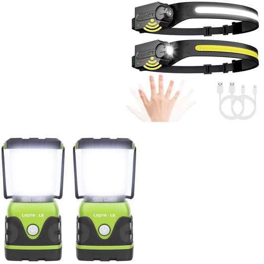 Lepro Bundle - 1000LM Battery Powered LED Camping Lantern, Waterproof Tent Light with 4 Light Modes & PR320019-2 Super Bright Head lamp with Motion Sensor, 230° Wide Beam & Adjustable