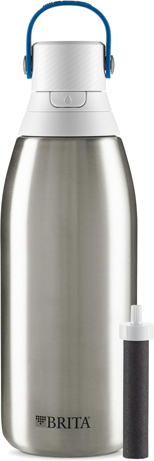 Brita Stainless Steel Premium Filtering Water Bottle, BPA-Free, Reusable, Insulated, Replaces 300 Plastic Water Bottles, Filter Lasts 2 Months or 40 Gallons, Includes 1 Filter, Stainless - 20 oz.