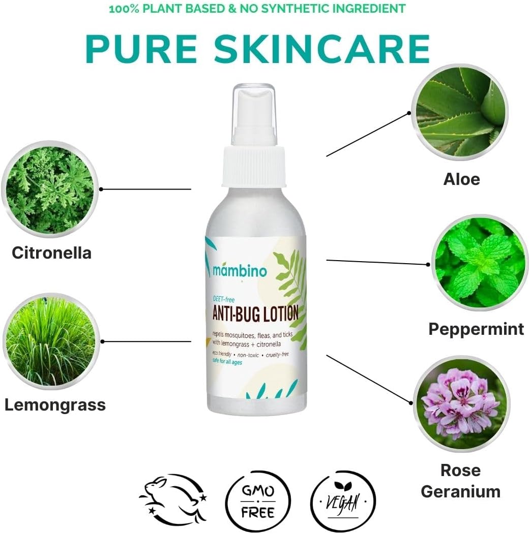 Anti-Bug Spray DEET-Free – Organic, All-Natural Bug Spray Travel Size with Essential Oils – Non-Toxic, Reef Safe, Face-Safe Bug Repellent for Babies, Kids, Adults by Mambino Organics, 4oz