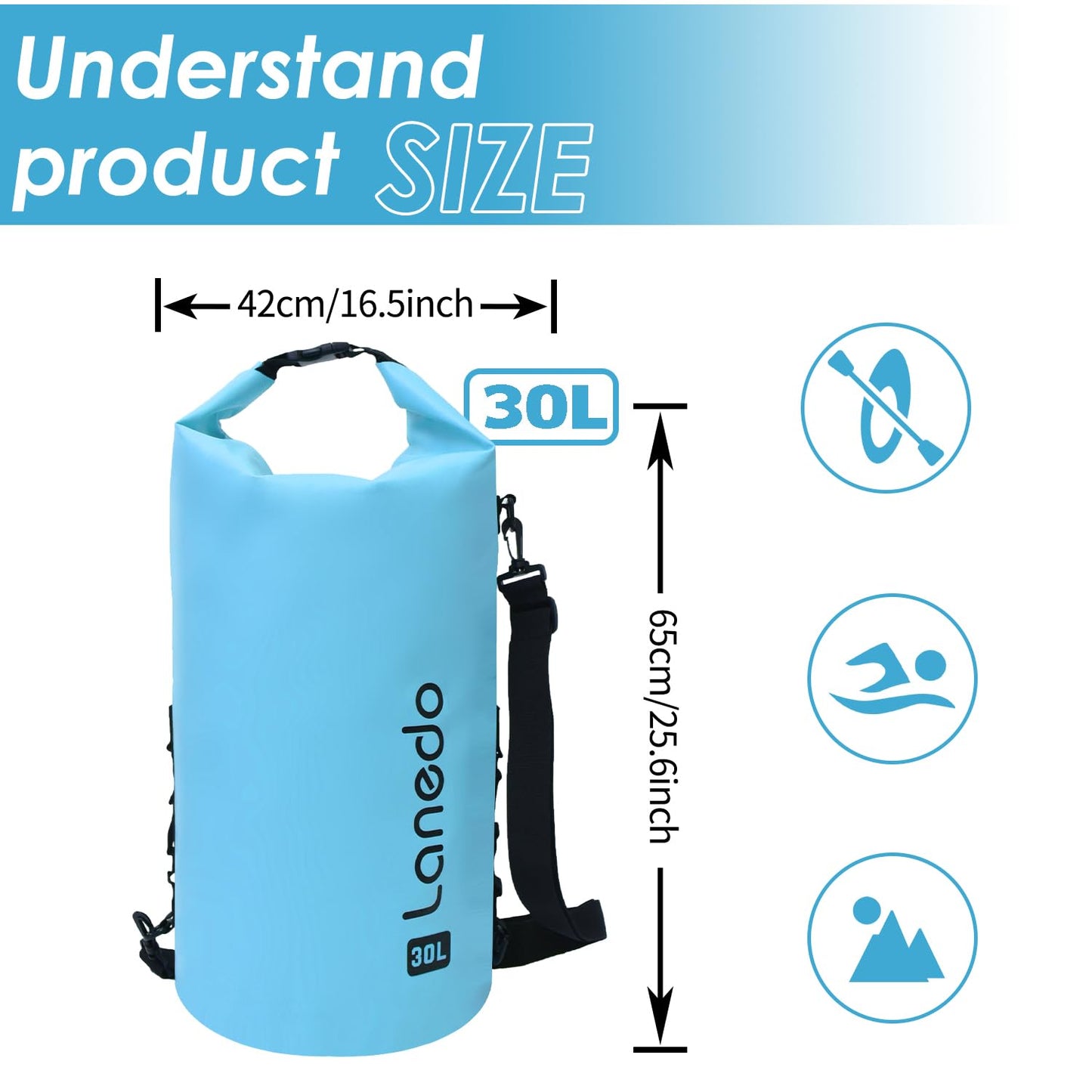 Lanedo Waterproof Dry Bag for Women Men, 30L Roll Top Lightweight Dry Storage Bag Backpack for Travel, Swimming, Boating, Camping, Picnic, Kayaking, Hiking, Skiing, Camping and Beach (blue)