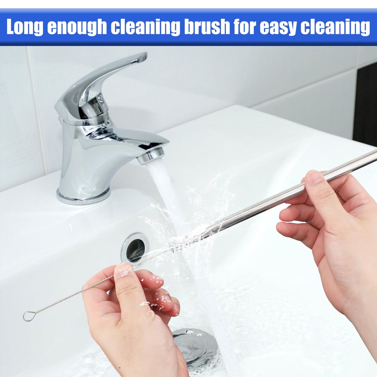 4pcs Metal Press in Straw Replacement with 2pcs Straw Brushes for Hydro Flask, Silver Stainless Steel Practical Straws Replacement Accessories Compatible with Hydroflask Wide Mouth Water Bottle 64oz