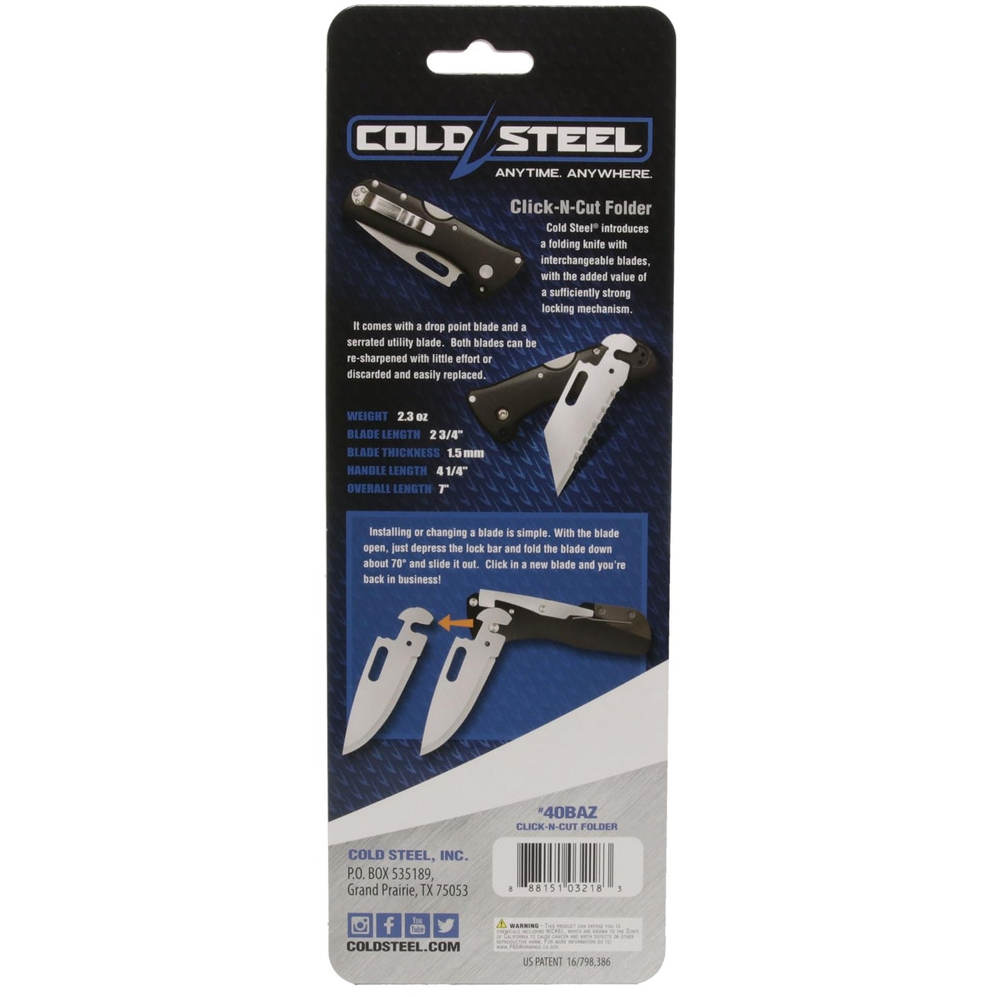 Cold Steel Click N Cut Folder Durable Hunting & Hiking Steel 5 Oz Compact 7" Long Folding Knife with Strong Lock & 2 Interchangeable Blades - Blister Package