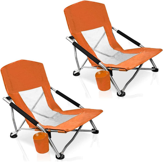 CAMP SOLUTIONS Camp Folding Beach Chair for Adults 2 Pack Chairs with Cup Holder Pocket Headrest Carry Bag for Outdoor, Beach, Camping, Lawn, Music Festival (Orange)