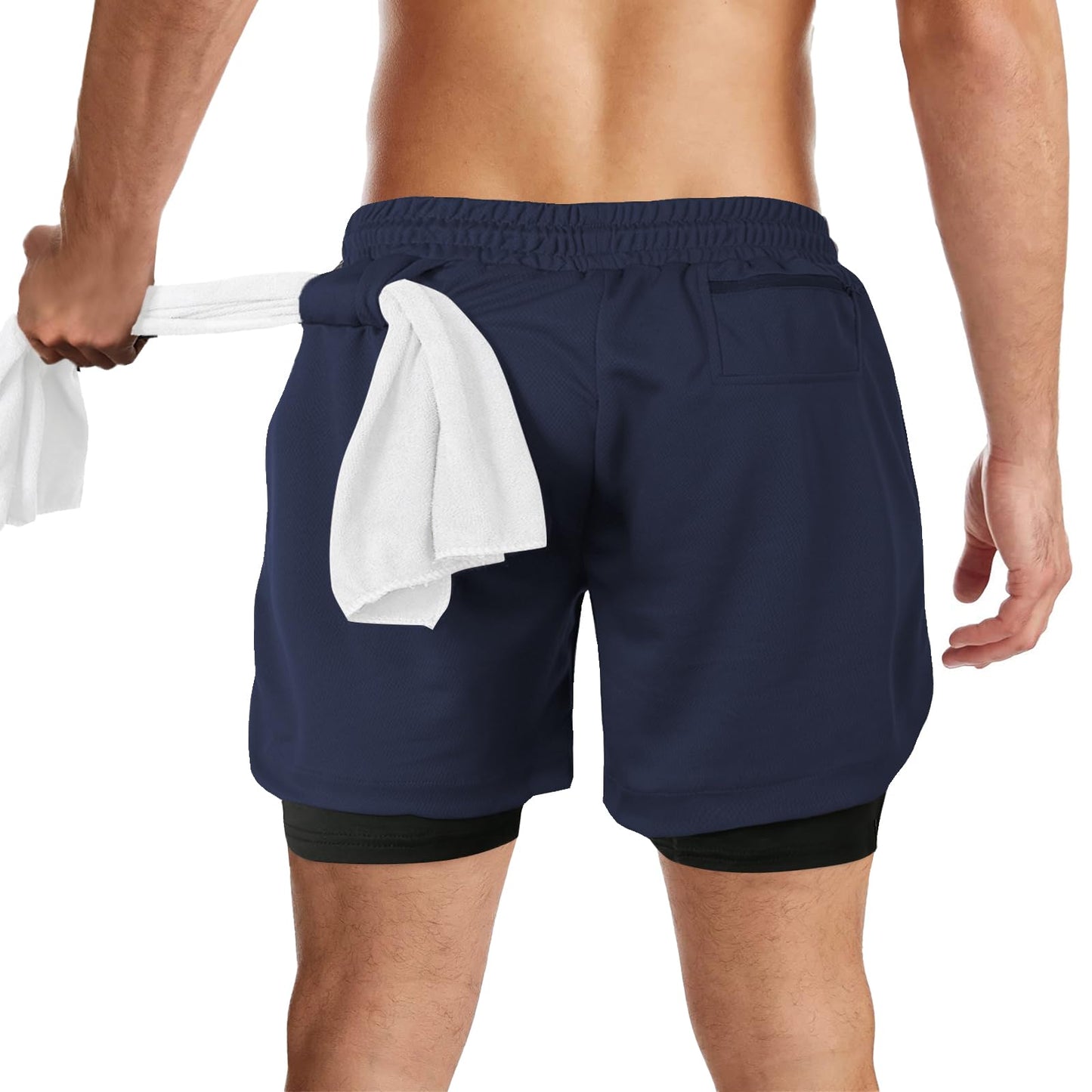 candyfouse Men's 2 in 1 Running Shorts, Quick Dry Workout Shorts with Liner, Athletic Shorts with Zip Pockets and Towel Loop Navy Blue