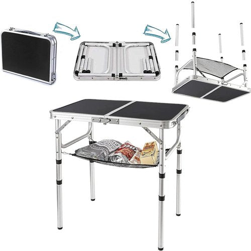 YUFIFAIRY Small Folding Table 2 Foot, Portable Camping Table with Mesh Holders,Lightweight Aluminum Adjustable Height, with Carry Handle for Camping Picnic Indoor Outdoor, White 24 x 16 inch (Black