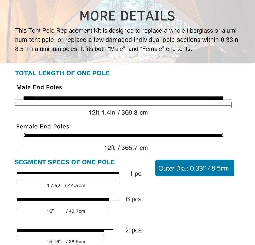 Aluminum Tent Poles Replacement, Fits Both Female and Male Ends, Lightweight Tent Pole Repair Kit, 7001 Aluminum Alloy T6 Heated