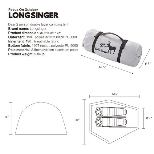 Longsinger Deer Series Lightweight Backpacking Tent, Waterproof 2 Person 3 Person Tent, Double Layer Easy Set up Ultralight Two Person Tent (White with Black PU)