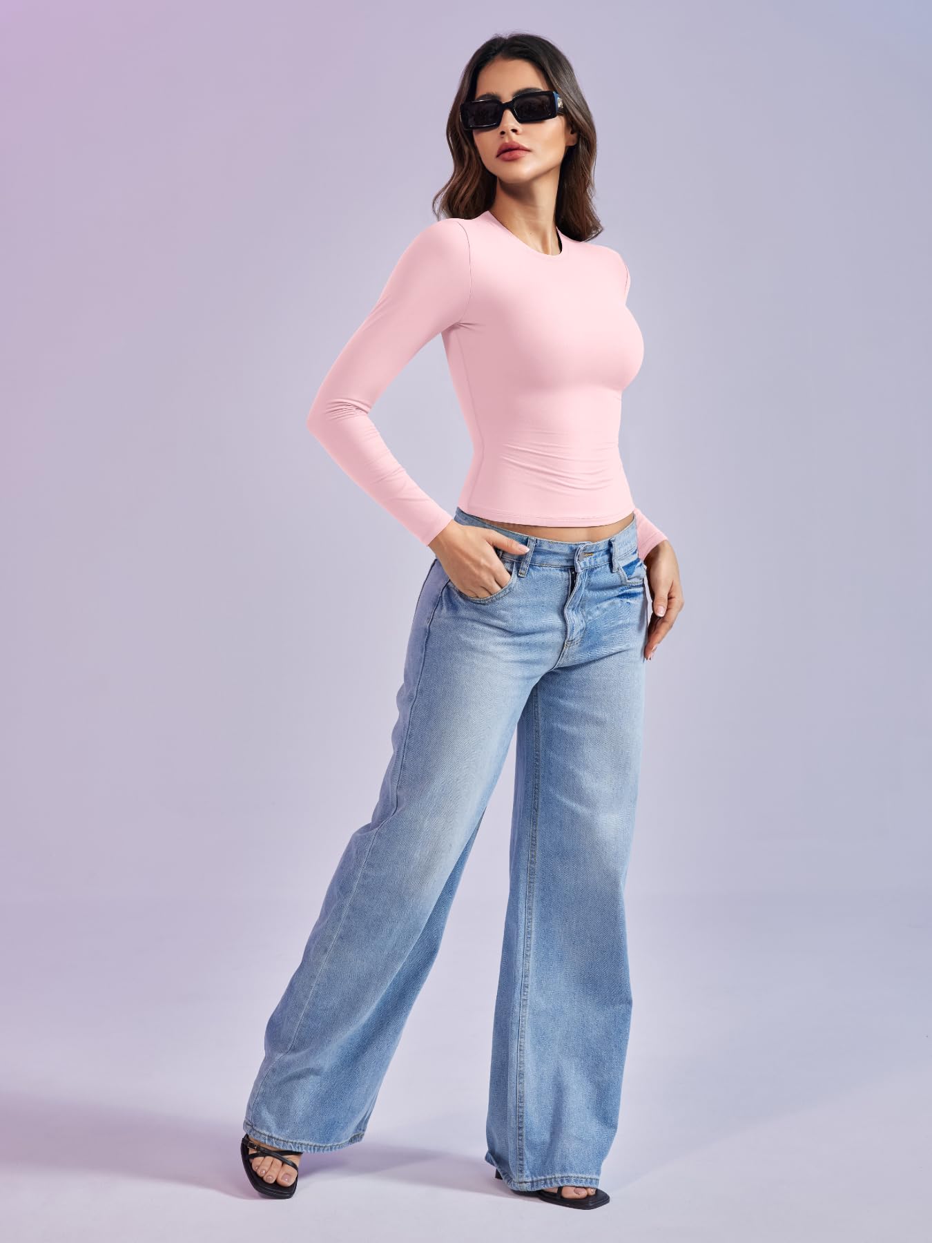 YEOREO Long Sleeve Shirts for Women y2k Tops Double Lined Basic Tee Crew Neck Going Out Sweeney Workout Undershirt Sakura Pink M