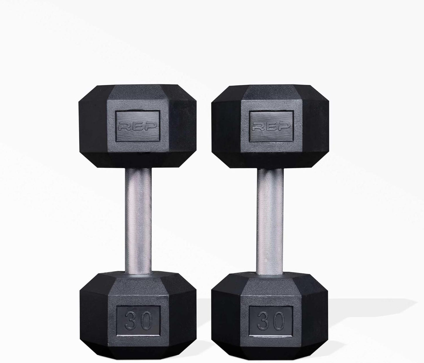 Rep Fitness Rubber Hex Dumbbell(s) - Singles (55LB +) and Pairs (5LB - 50LB) - Low Odor, Fully Knurled Handle
