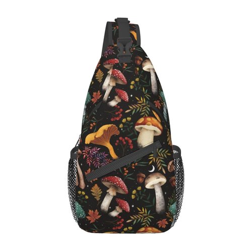 Docsckus Unisex Crossbody Sling Backpack Travel Hiking Daypack Crossbody Shoulder Bag for Women Men Mushroom Black