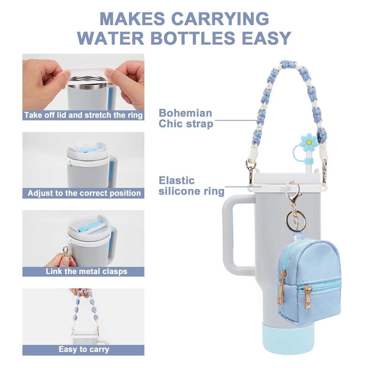 GODLIY 7 PCS Cup Accessories Set Including Water Bottle Handle Strap Silicone Boot,Coin Purse,Silicone Cup Boot, Straw Cover for Stanley 30oz & 40oz Tumbler Blue