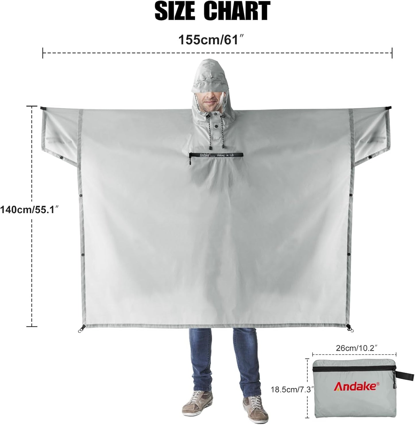 Andake Waterproof Rain Poncho for Adults Unisex,230T Ripstop Polyester,Raincoat Gear with Transparent Viewing Window Outdoors