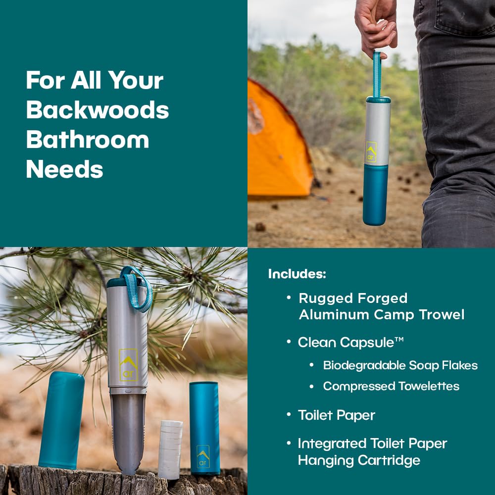 Adventure Ready Backpacking Trowel Toilet Kit - Includes Aluminum Camping Shovel, Toilet Paper, Packout Bags, Soap Flakes & Compressed Towelettes