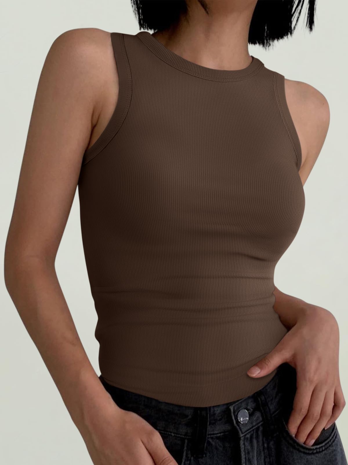 ANRABESS Womens Sleeveless High Neck Tank Tops Fashion Summer Casual Basic Slim Fit Ribbed Racerback Top Shirt Clothes Brown-XXL