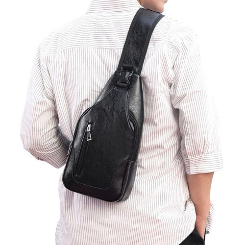 Peicees Leather Sling Bag Mens Crossbody Chest Bag Sling Backpack for Men with USB Charge Port, Vertical Zipper/Light Brown