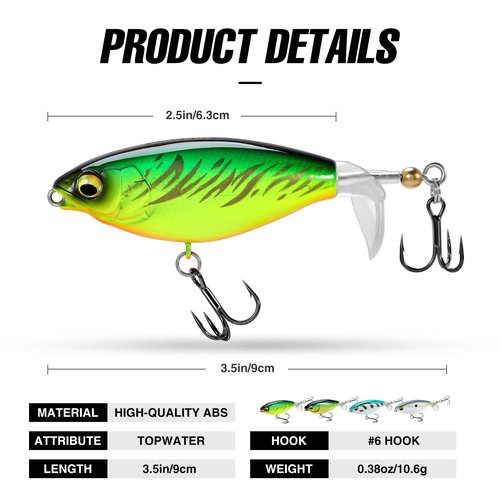 PLUSINNO 4PCS Top Water Fishing Lures for Bass Trout Pike Perch, Plopper Lures with Propeller Tail, Whopper Floating Lure for Freshwater Saltwater