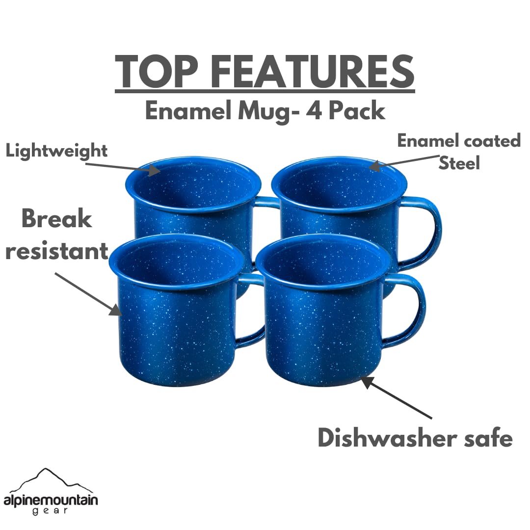 Alpine Mountain Gear 12 oz. Enamel Coffee Mug for Camping/Hiking, Durable Enamel Dishware, by Caddis Sports (12 Oz. (4 Pack))
