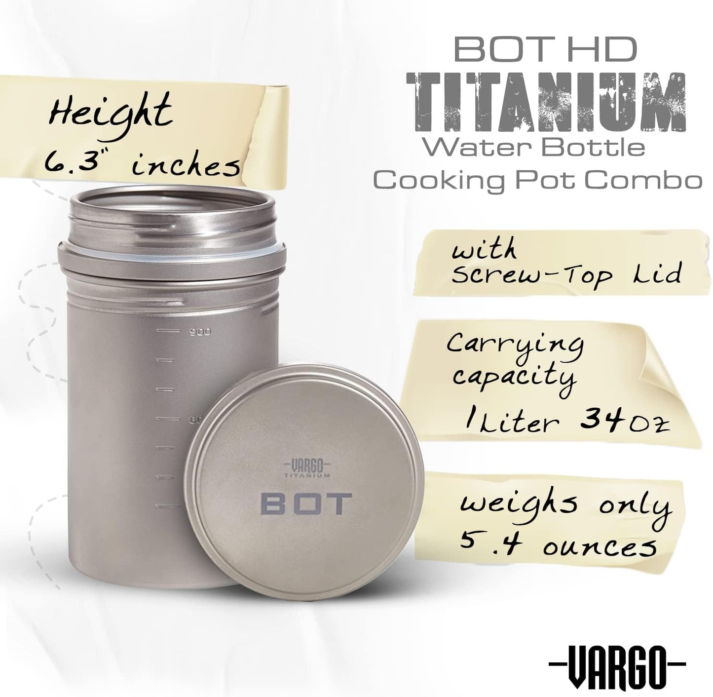Vargo Titanium BOT Series | Vargo BOT - 700 | Titanium Cooking Pot and Water Bottle with Foldable Handles and Watertight Lid | 700ml (23 oz.)