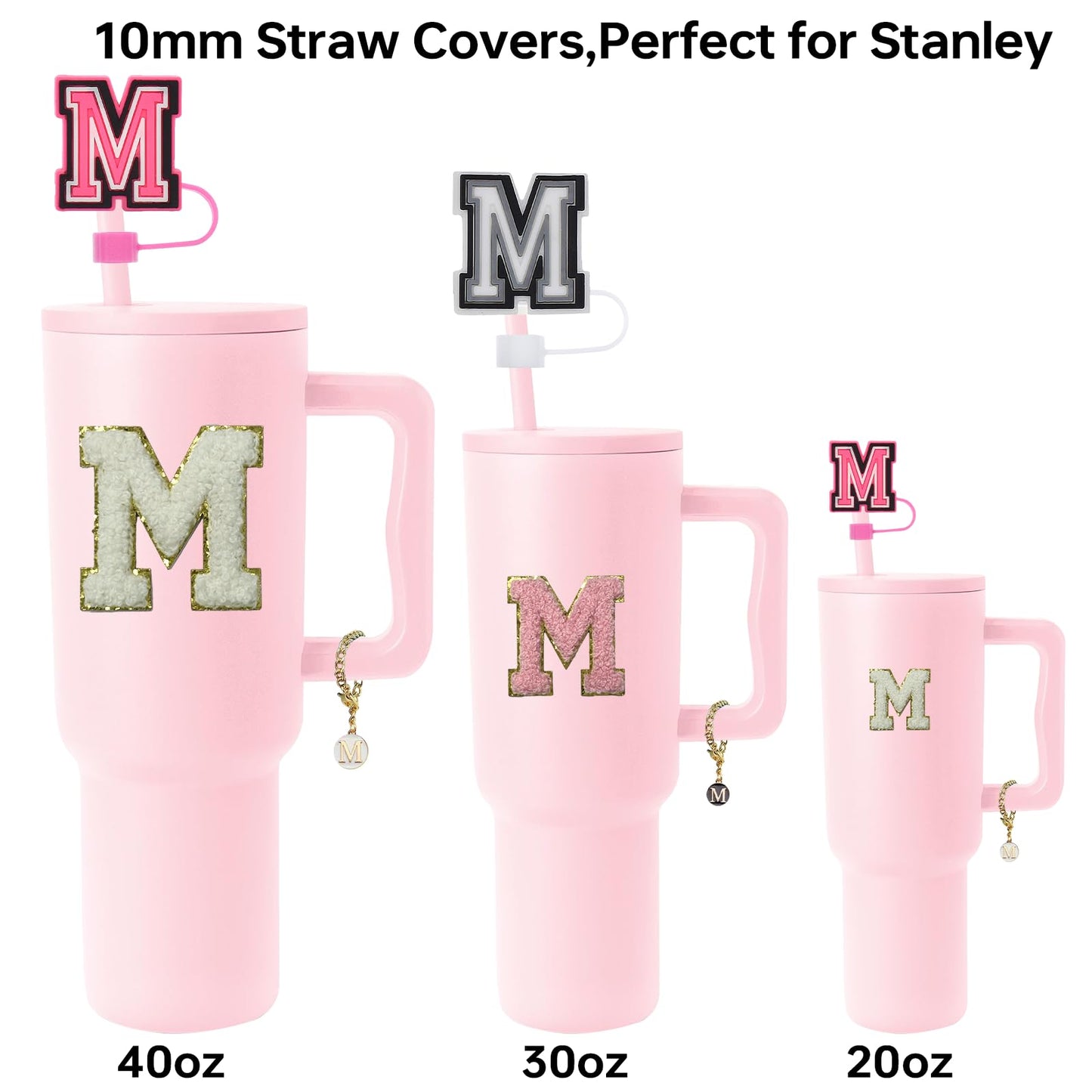 6PCS Stanley Cup Letter Charm Accessories, Silicone Straw Cover Cap Toppers, Adhesive Chenille Letters Patch Sticker, Initial Letter Hydro Charms for Stanley 30 40 Oz Tumblers Handle Decor M