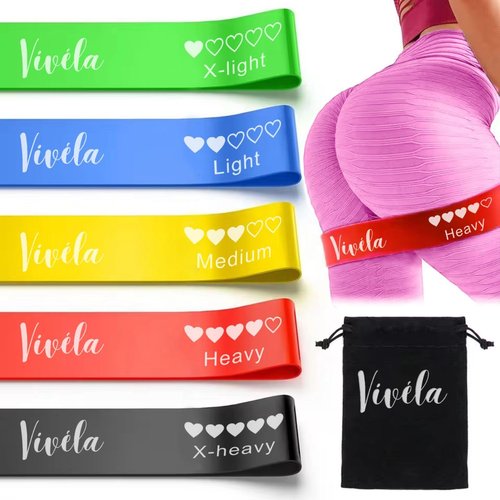 Vivéla Resistance Fitness Bands, 5-Piece Set of Skin-Friendly Exercise Loops for Yoga, Home Workouts, Stretching, Gym Training, Weight Loss, Toning and Pilates