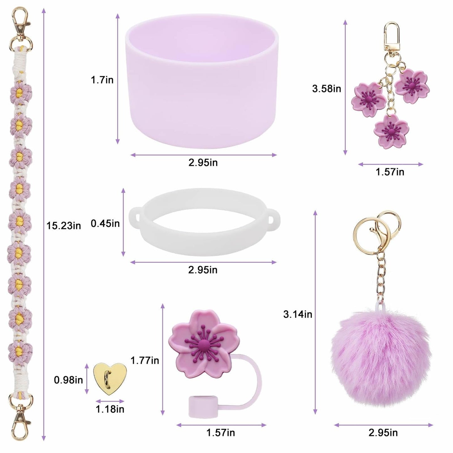 7pcs Cup Charms for Stanley Cup Accessories, Straw Cover Cap & Water Bottle Silicone Boot for Stanley Cup 30oz or 40oz Tumbler Cup Accessories, Handle Strap with Flower Charms for Stanley Cup(Purple)