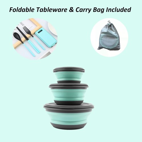 MIATTCLD Collapsible Camping Bowls with Lid, 3 Pcs Foldable Bowl Portable Travel Bowl with Folding Tableware & Storage Bag, Plastic Expandable Food Storage Containers Set for To-Go Lunch, Hiking