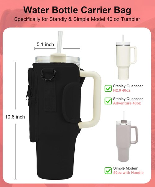 Water Bottle Carrying Bag with Pocket for Stanley & Simple Modern 40oz Tumbler with Handle, Water Bottle Holder with Pouch, Adjustable Strap Carabiner for Stanley Cup Accessories for Travel Walk Camp
