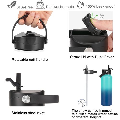 EIPOSAU Straw Lid for Wide Mouth 12 18 20 32 40 64oz Water Bottles, Replacement Straw Cap for Hydro Flask Wide Mouth, Lid with Straw Top Accessories, Black