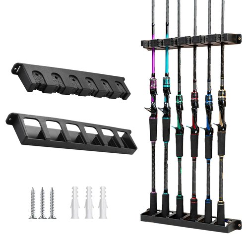 Tcakelox Fishing Rod Holder for Garage Fishing Pole Holders Fishing Rod Rack Vertical Wall-Mounted for Garage Stores 6 Rods or Combos Fits Most Rod Diameters (Vertical Black, 1 Pair)