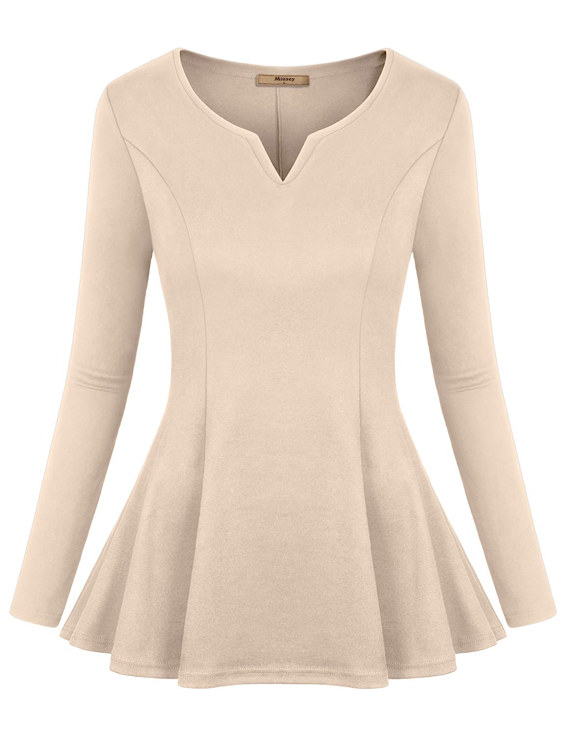 Miusey Long Sleeve Peplum Tops for Women Henley V Neck Pleated Fitted Ruffle Tops to Hide Belly Draped A-Line Elegant Empire Flowy Waist Red Medium