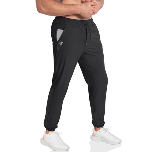BROKIG Men's DryUp Running Track Pants 3 Pockets, Lightweight Workout Pant Casual Nylon Thin Stretch Gym Pants for Men (Large, Black+Dark Grey)