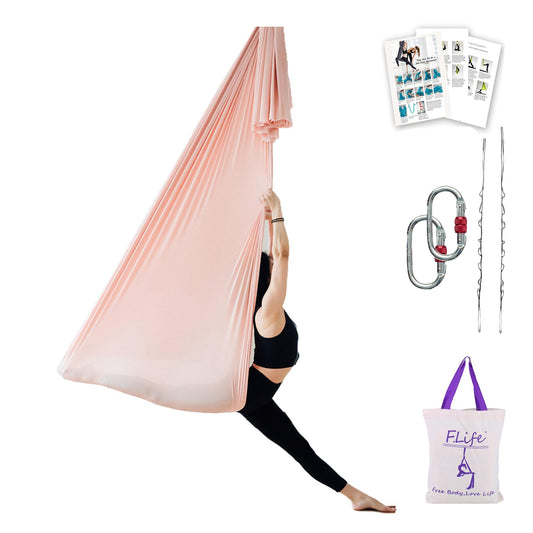 F.Life Aerial Yoga Hammock 6.5 yards Premium Aerial Silk Fabric Yoga Swing for Antigravity Inversion Include Daisy Chain,Carabiner and Pose Guide (Champagne)