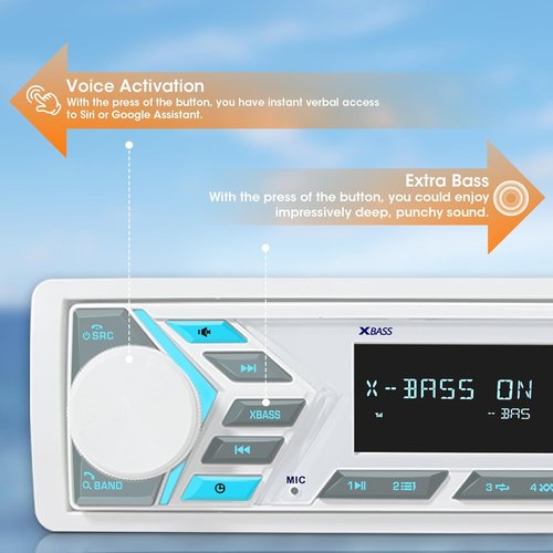 Bluetooth Marine Stereo Single Din - Boat Radio Receiver - Digital LCD Screen AM FM USB 2.1 A Charging AUX-in 4 Volts Preamp Outputs 2 Subwoofer Ports Remote Control