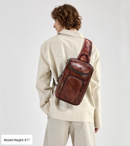 LANNSYNE Vintage Full Grain Leather Sling Bag for men, Crossbody Chest Daypack fits 10.5" iPad