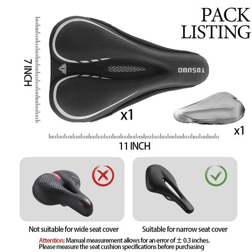 TOSUOD Bike Seat Cover Gel Padded Bicycle Seat Cover for Men Women Narrow Bike Seat Cushion Comfort Foma Bicycle Seat Cushion for Outdoor & Indoor(11"x7")