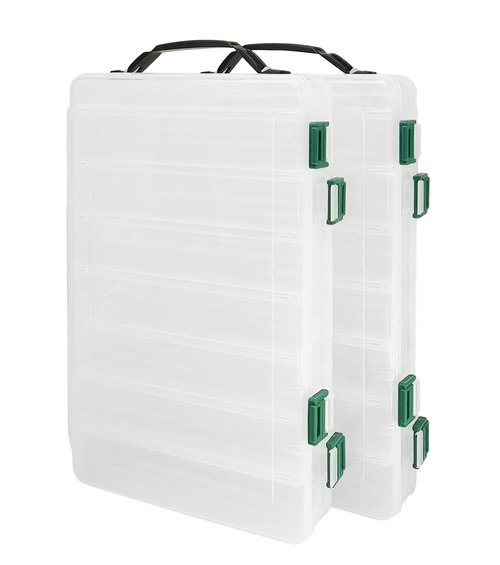 Double-Sided Fishing Lure Hook Tackle Box Visible Hard Plastic Clear Fishing Lure Bait Squid Jig Minnows Hooks Accessory Storage Case Container (Clear-14 Slots 2Pcs)