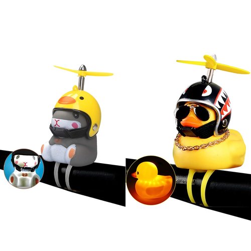 wonuu Duck Bike Bell with Light and Propeller Helmet Cute Hamster Bicycle Horn, Car Dashboard Decoration Squeeze Rubber Duck Motorcycle Bike Bells Ornaments (Chick&Shark)